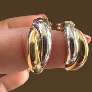 Vintage 14K Two Tone Gold J Hoop Earrings Yellow White Gold 80s 90s 1.12g